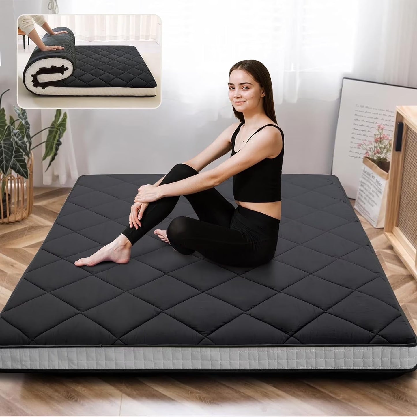 Futon Mattress Queen Size 4" Thick Japanese Floor Mattress Folding Guest Mattress Protable Roll up Mattress Soft Memory Foam Tatami Mat Sleeping Pad for Bedroom Camping Tent