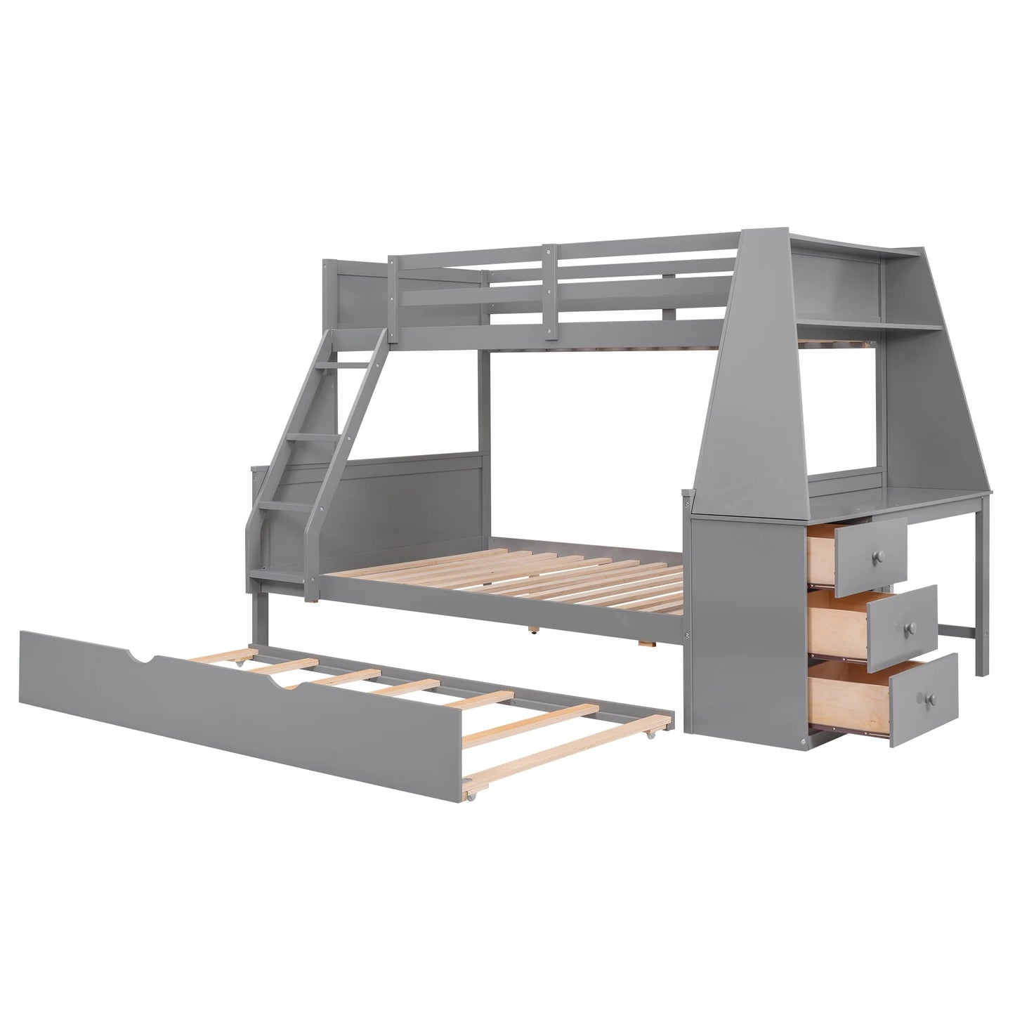 Wood Twin over Full Bunk Bed with Twin Trundle, Built-In Desk with Shelf and 3 Drawers for Kids Teens Adults, 3-In-1 Beds, Gray