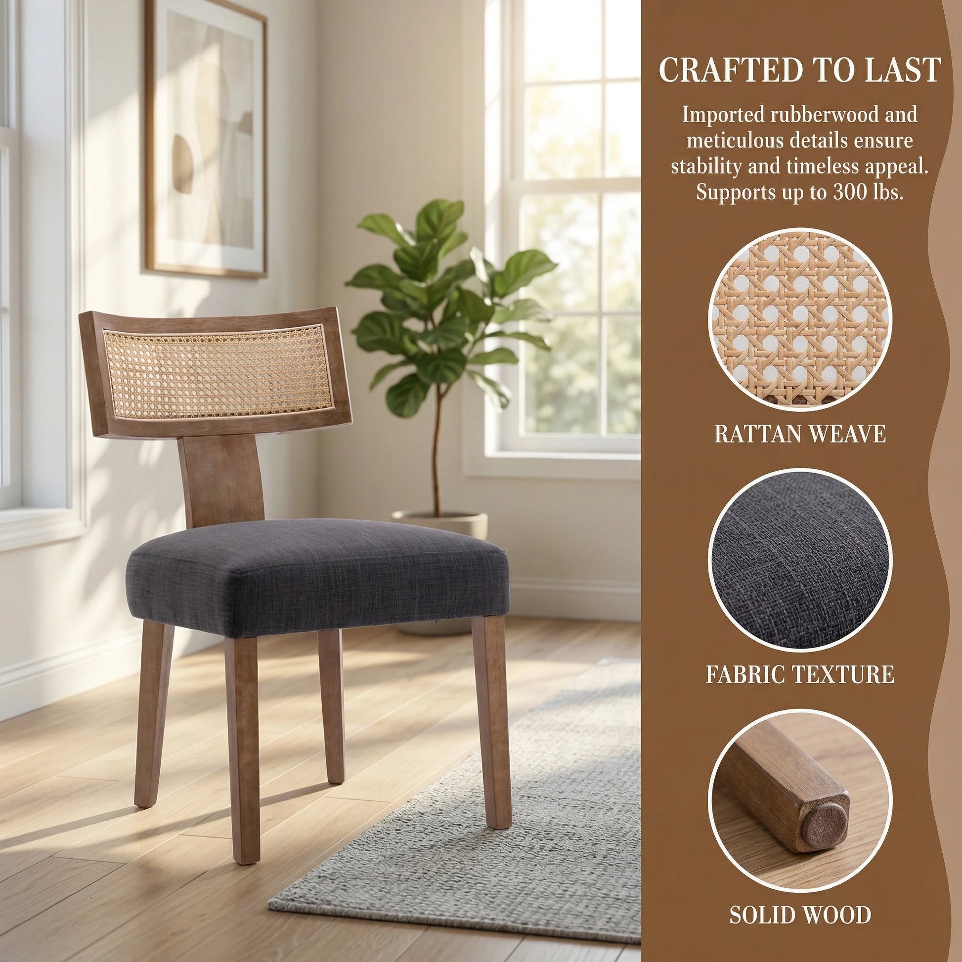 Modern Rattan Backrest Dining Chairs Set of 2, Mid-Century Farmhouse Linen Upholstered Kitchen Chairs Solid Wood Side Chairs for Kitchen Dining Room Living Room, Charcoal