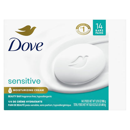 Dove Beauty Bar More Moisturizing than Bar Soap for Softer Skin, Fragrance-Free, Hypoallergenic, Sensitive Skin with Gentle Cleanser 3.75 Oz 14 Bars