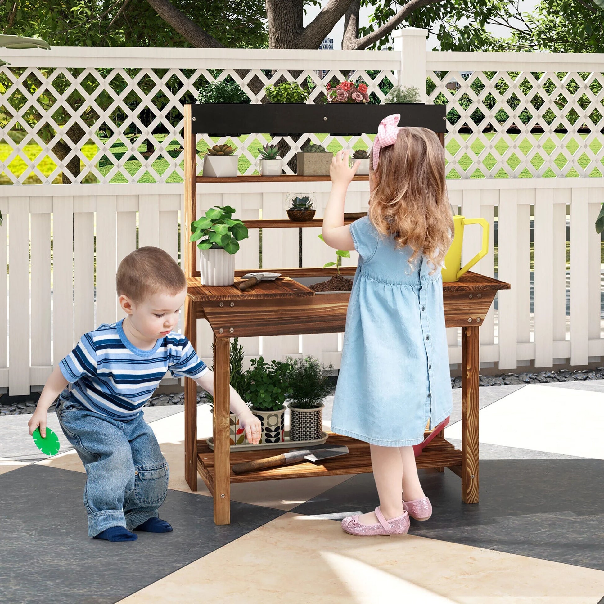 Kids Potting Bench Wooden Toy Gardening Center W/ Removable Sink & Chalkboard