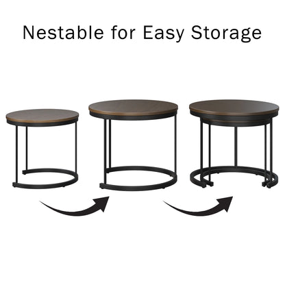 19.75-Inch Nesting Coffee Table Small round Tables Nest Together, Brown, Set of 2