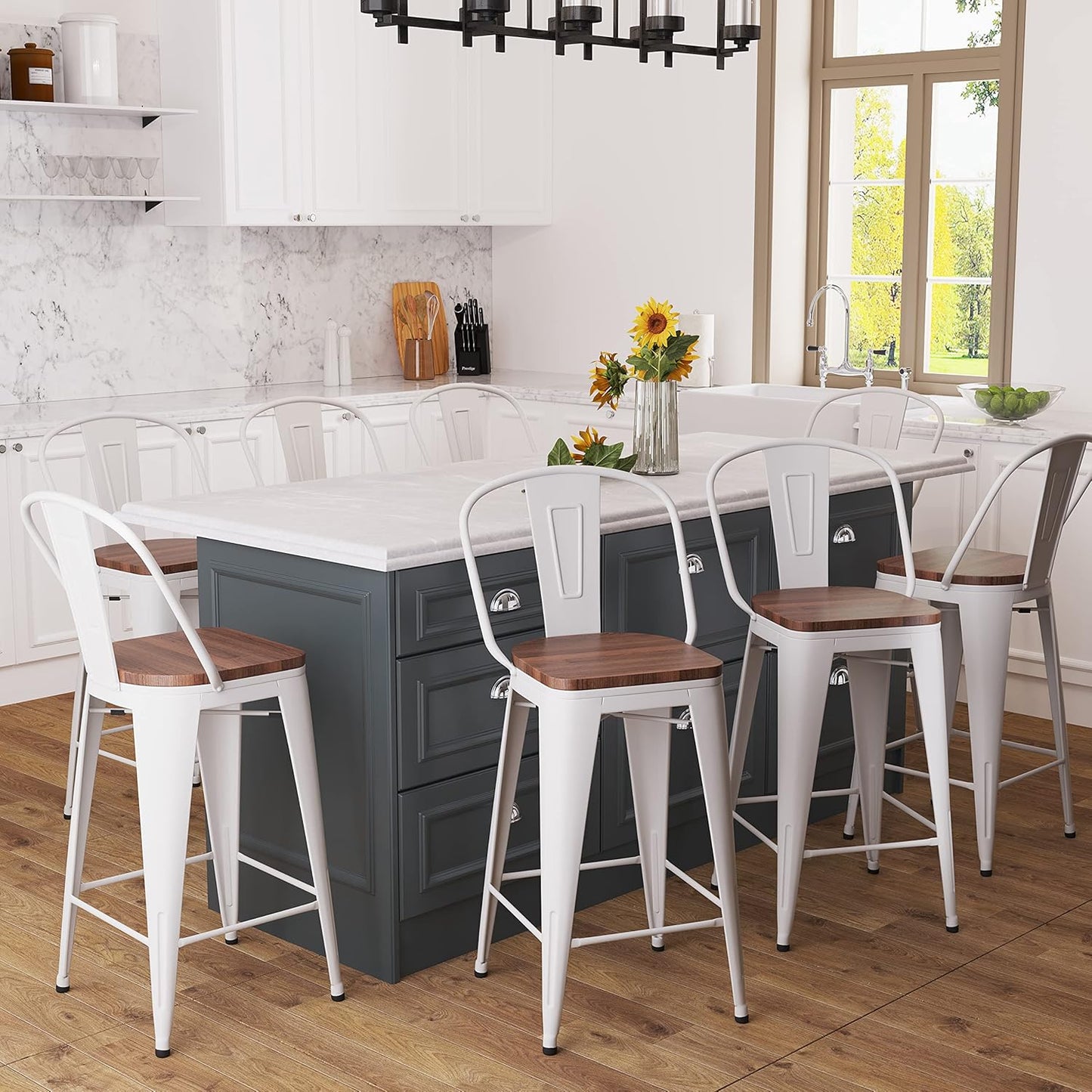 Metal Bar Stools Set of 4,24 Inch Barstools Counter Height Bar Stool with Back Farmhouse Bar Stools with Larger Seat High Back Kitchen Dining Chairs Modern Bar Chairs White Cream Stool