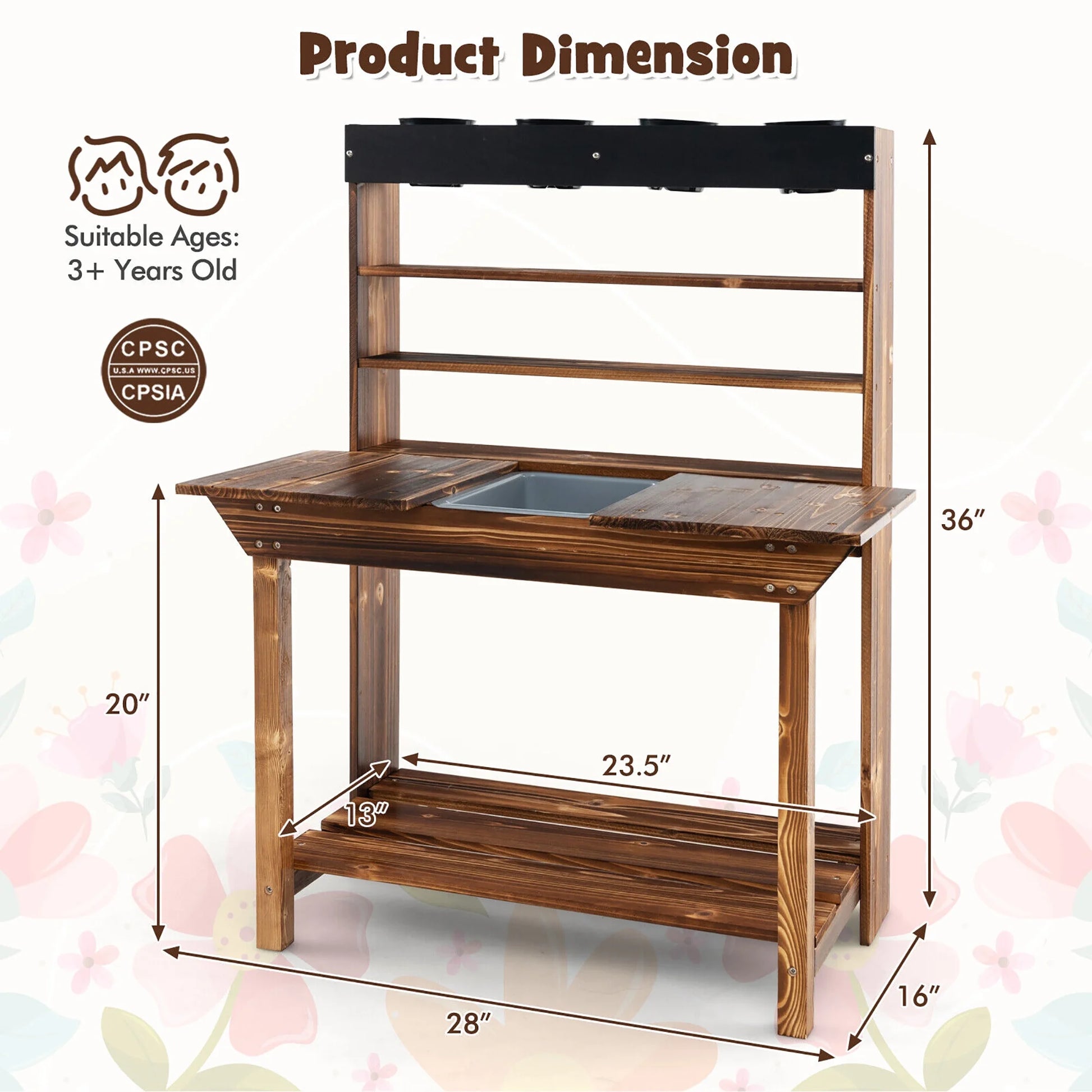 Kids Potting Bench Wooden Toy Gardening Center W/ Removable Sink & Chalkboard