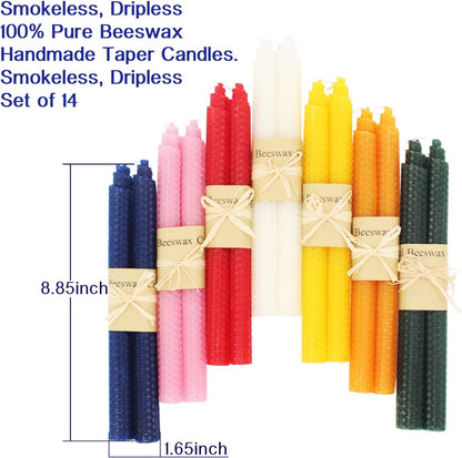 Set of 14 Beeswax Handmade Taper Candles, 9 Inch Smokeless Dripless Wax Candles, Beeswax Candle for Home Gift Ideas, Long Candle Sticks for Wedding,Dinner