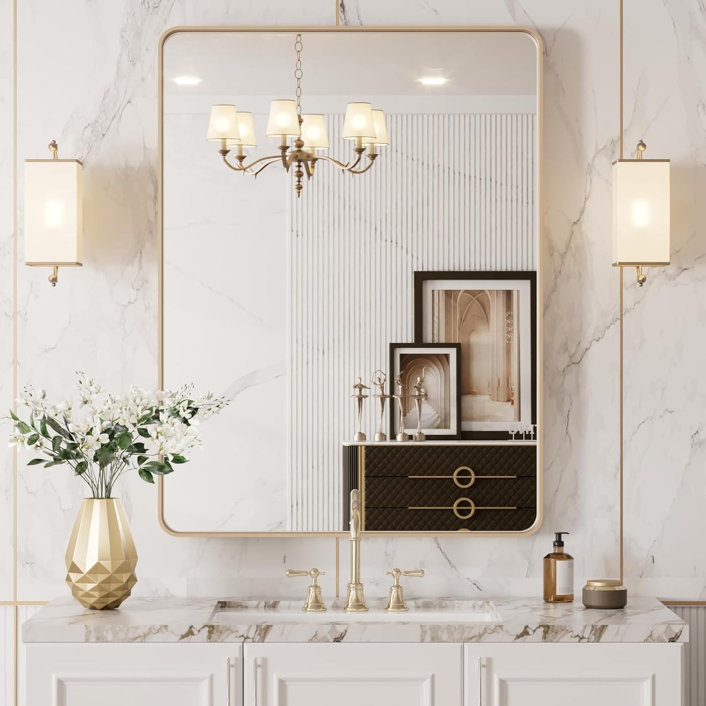 20”X30” Gold Bathroom Mirror, Rounded Rectangle Gold Frame Mirror, Brushed Gold Bathroom Vanity Mirror Wall-Mounted, Anti-Rust, Hangs Horizontally or Vertically