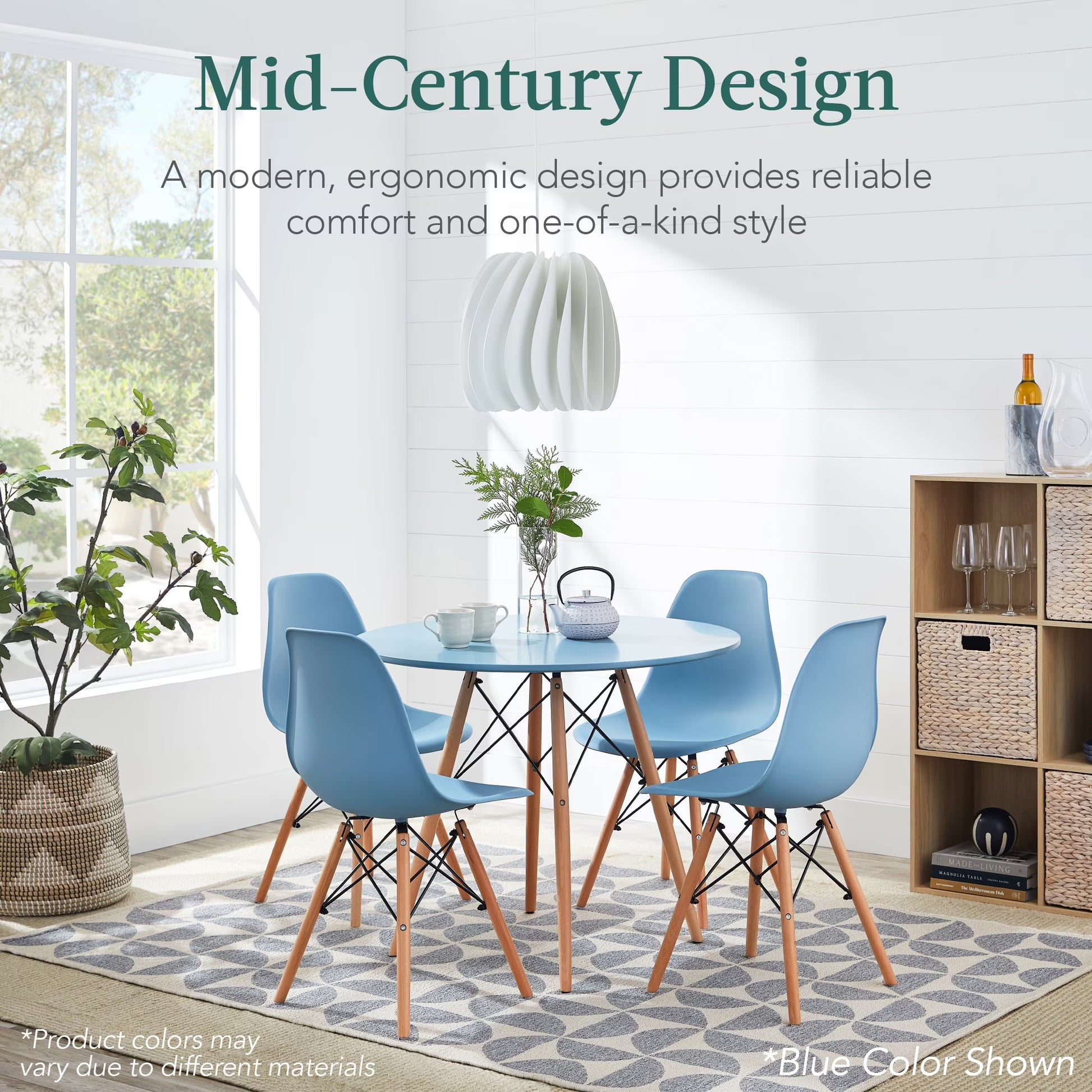 5-Piece Compact Mid-Century Modern Dining Set W/ 4 Chairs, Wooden Legs - White/Walnut