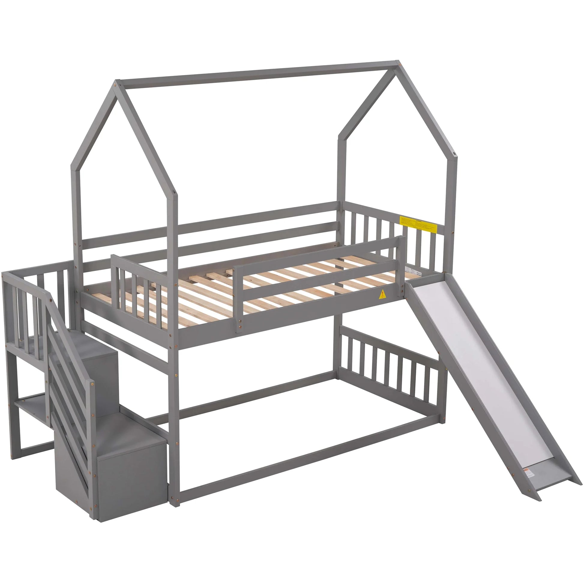 Twin House Bunk Bed with Staircase for Kids Teens Bedroom, Solid Wood Bunk Bed with Storage, Gray