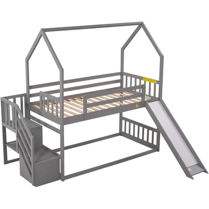 Twin House Bunk Bed with Staircase for Kids Teens Bedroom, Solid Wood Bunk Bed with Storage, Gray