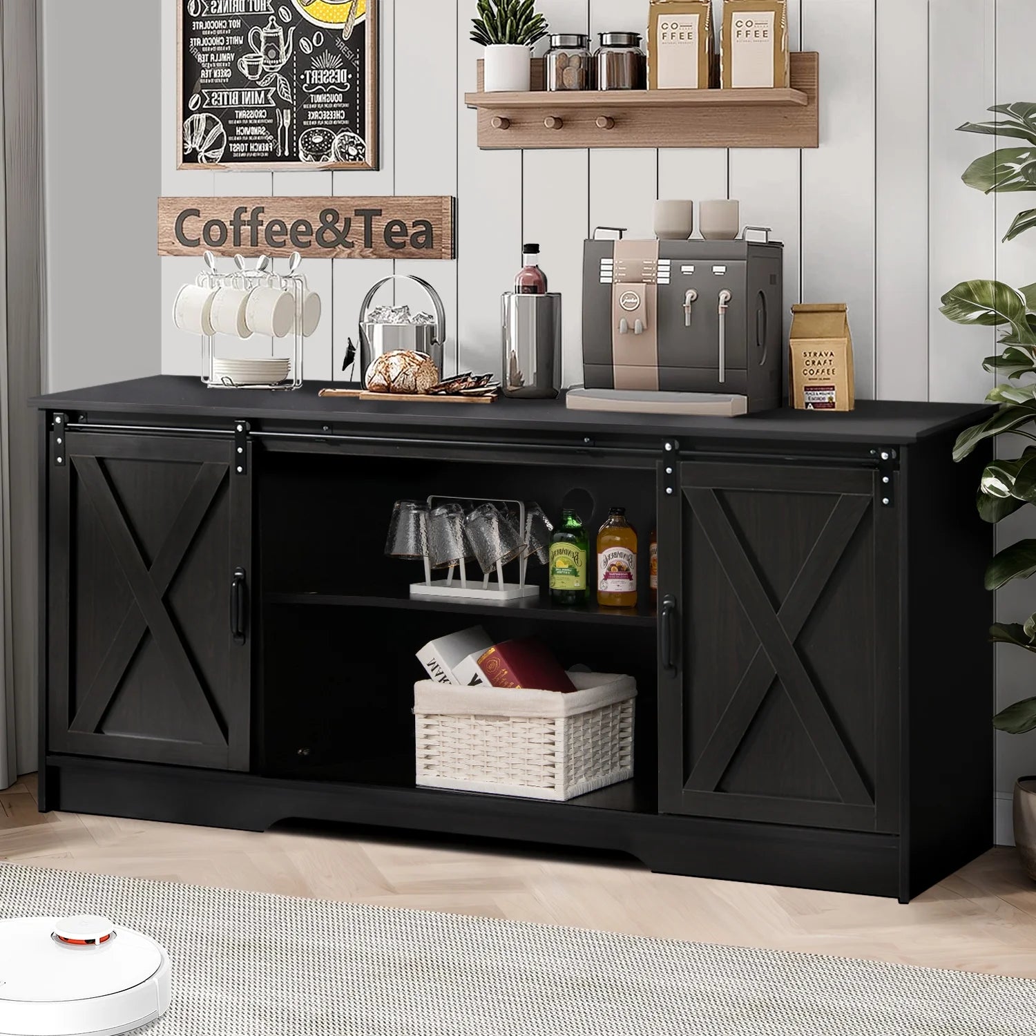 Farmhouse Coffee Bar Cabinet with Storage, 58’’Buffet Sideboard Cabinet with Sliding Barn Doors and 2 Adjustment Shelves, Kitchen Sideboard Cabinet for Dining Living Room