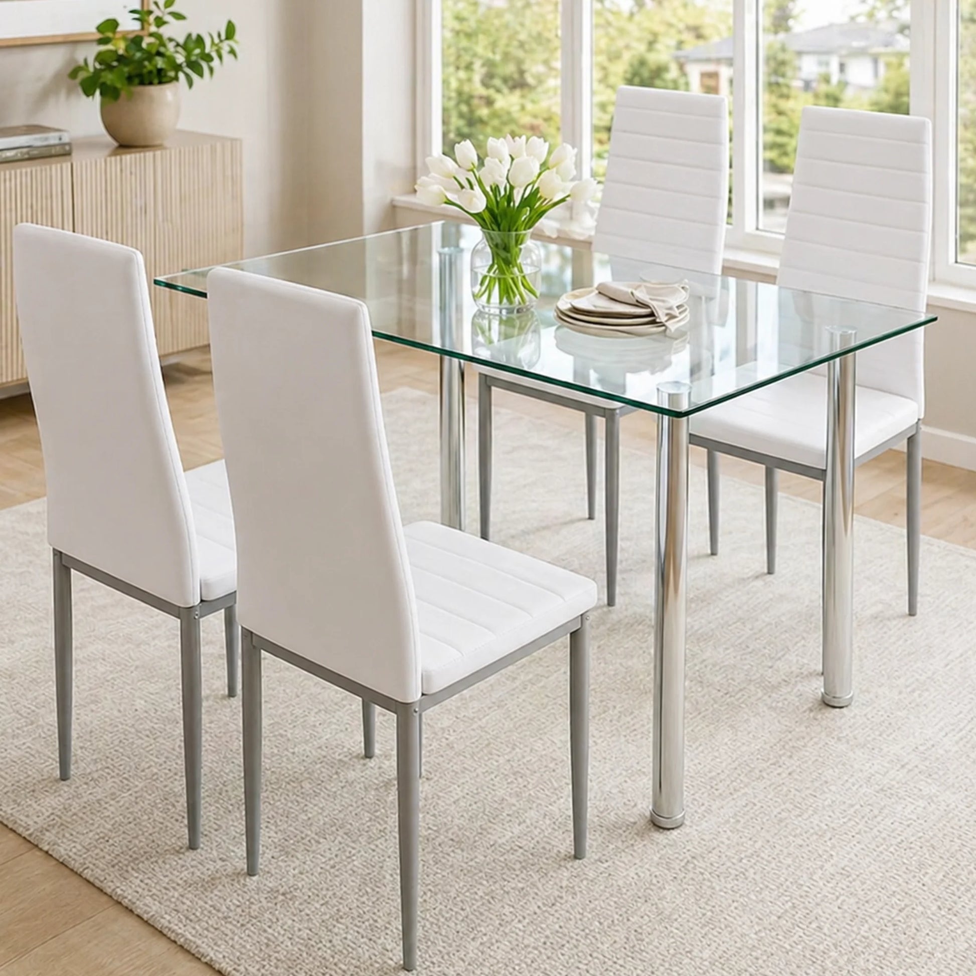 White Kitchen Table Set, 5 Pieces Dining Table Set, Tempered Glass Dining Table and Chairs Set for 4, Upgraded Iron Dining Room Table Set with 4 PU Leather Chairs