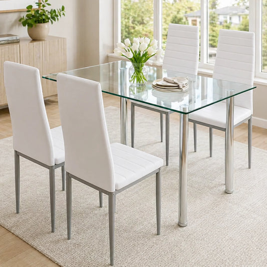 White Kitchen Table Set, 5 Pieces Dining Table Set, Tempered Glass Dining Table and Chairs Set for 4, Upgraded Iron Dining Room Table Set with 4 PU Leather Chairs