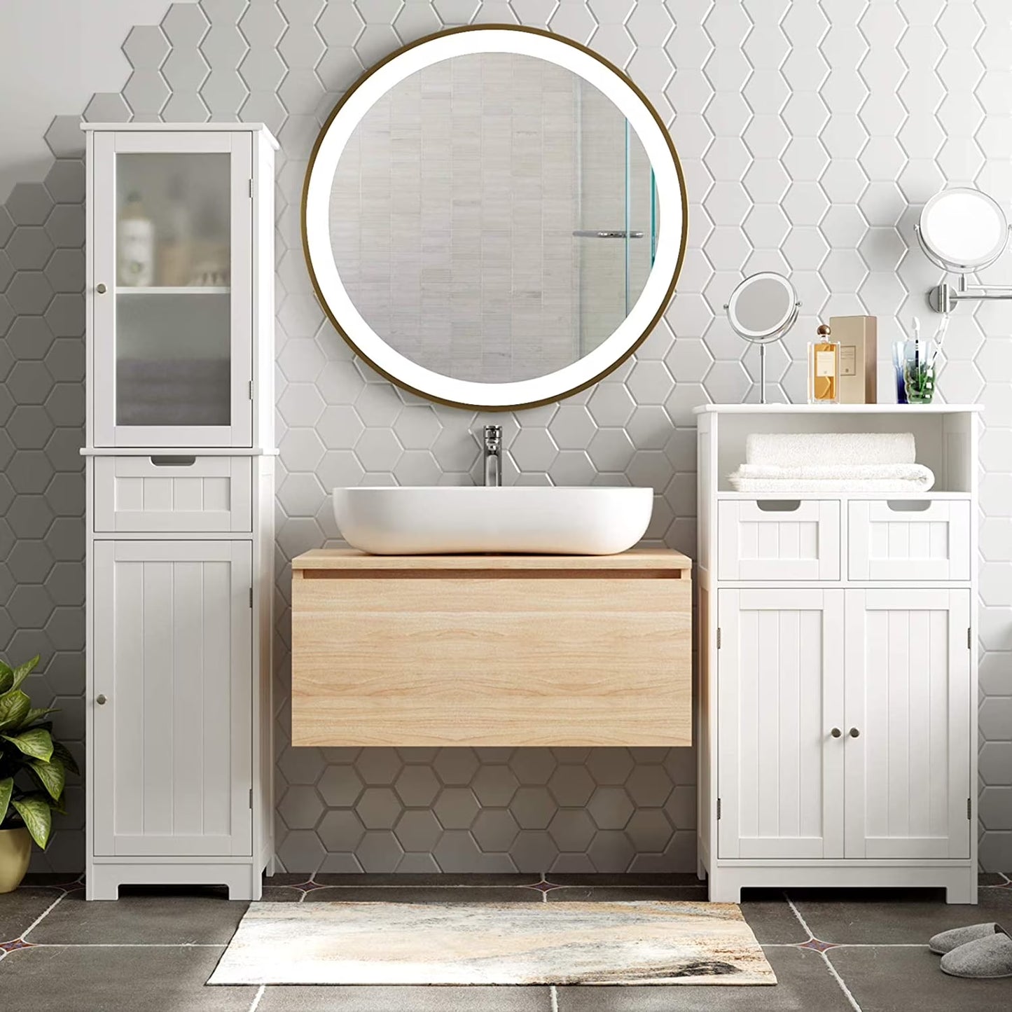Bathroom Storage Tower, Narrow Linen Cabinet with Door and Drawers, Tall Bathroom Storage Cabinet for Small Spaces, White