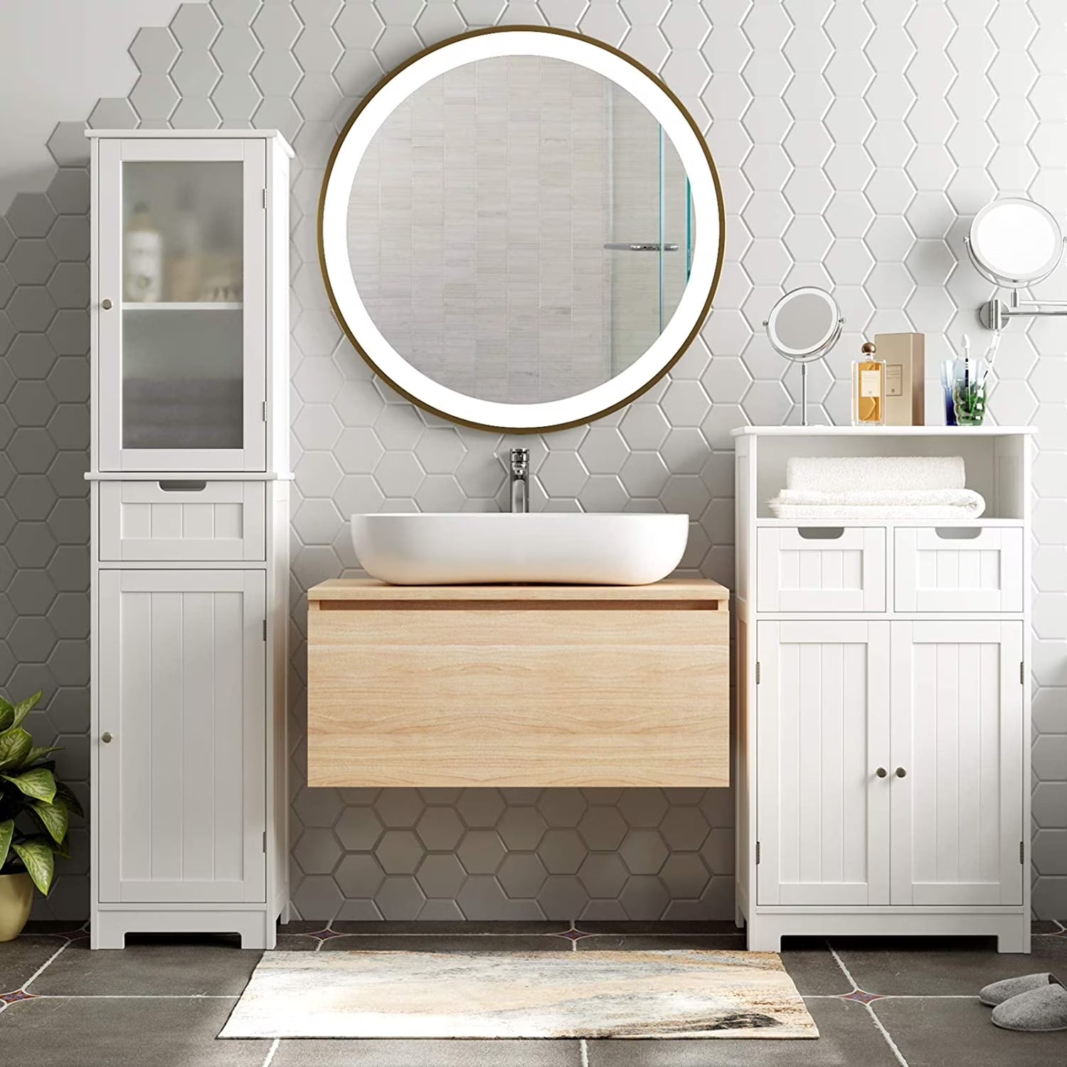 Bathroom Storage Tower, Narrow Linen Cabinet with Door and Drawers, Tall Bathroom Storage Cabinet for Small Spaces, White