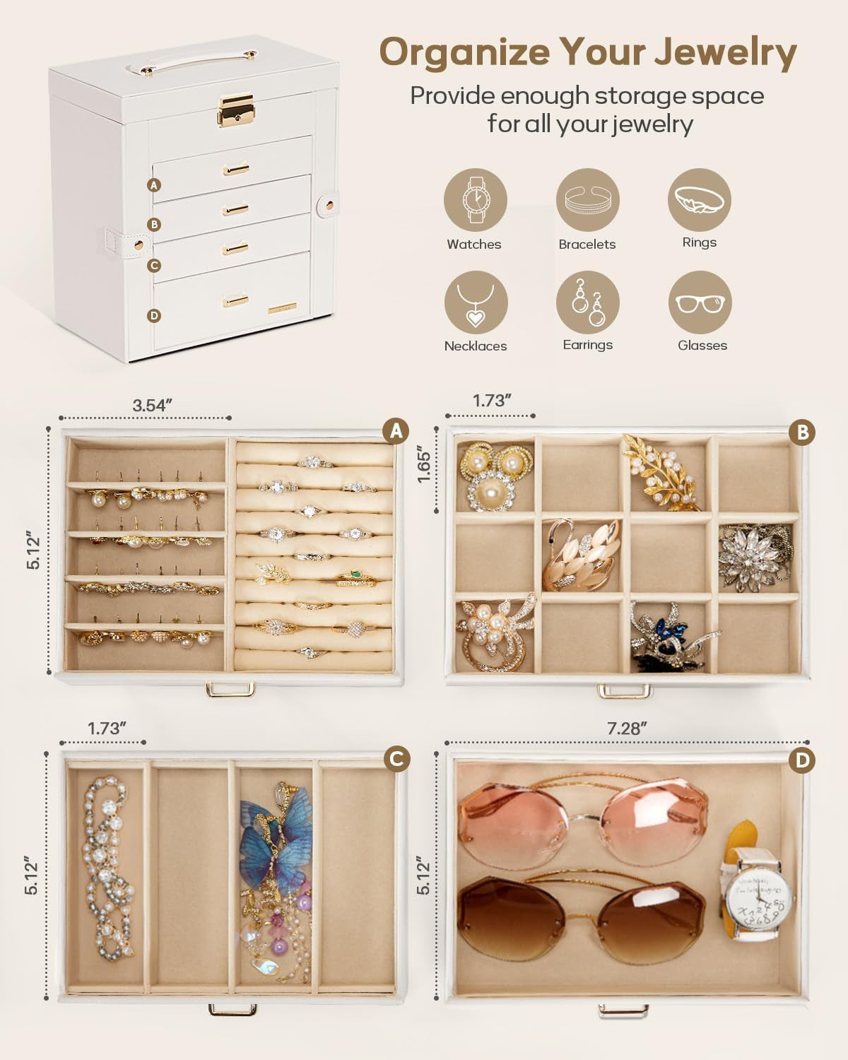 Synthetic Leather Huge Jewelry Box Mirrored Watch Organizer Necklace Ring Earring Storage Lockable Gift Case (White + Gold)