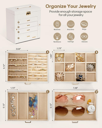 Synthetic Leather Huge Jewelry Box Mirrored Watch Organizer Necklace Ring Earring Storage Lockable Gift Case (White + Gold)