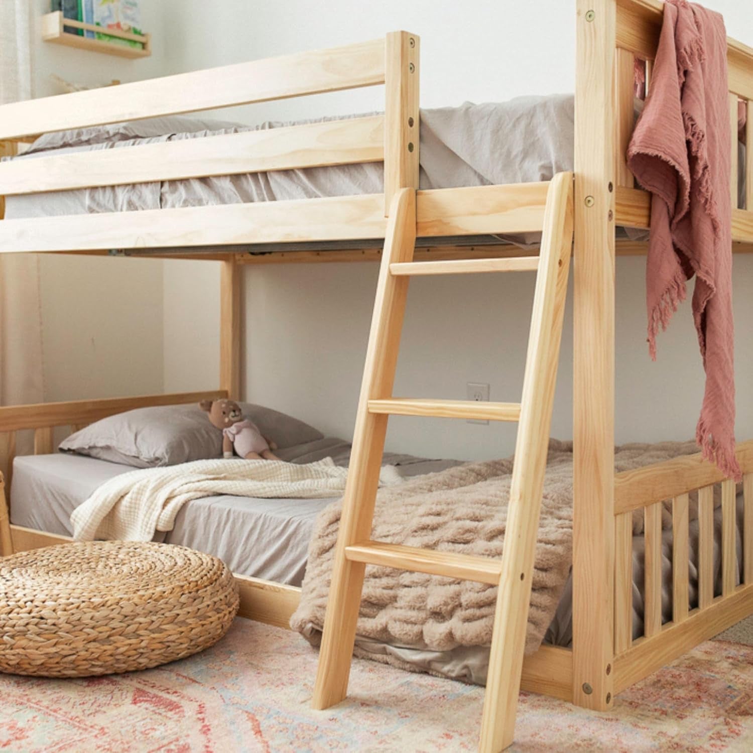 Max & Lily Twin over Twin Low Bunk Bed with Ladder, Wooden Bunk Beds with 14” Safety Guardrail for Kids,Toddlers, Boys, Girls, Teens, Bedroom Furniture, Natural
