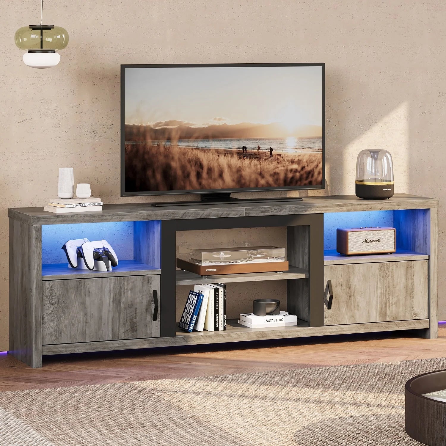 70" Farmhouse TV Stand for Tvs up to 80" with LED Lights, Entertainment Center with Cabinet & Open Shelves in Wash Grey