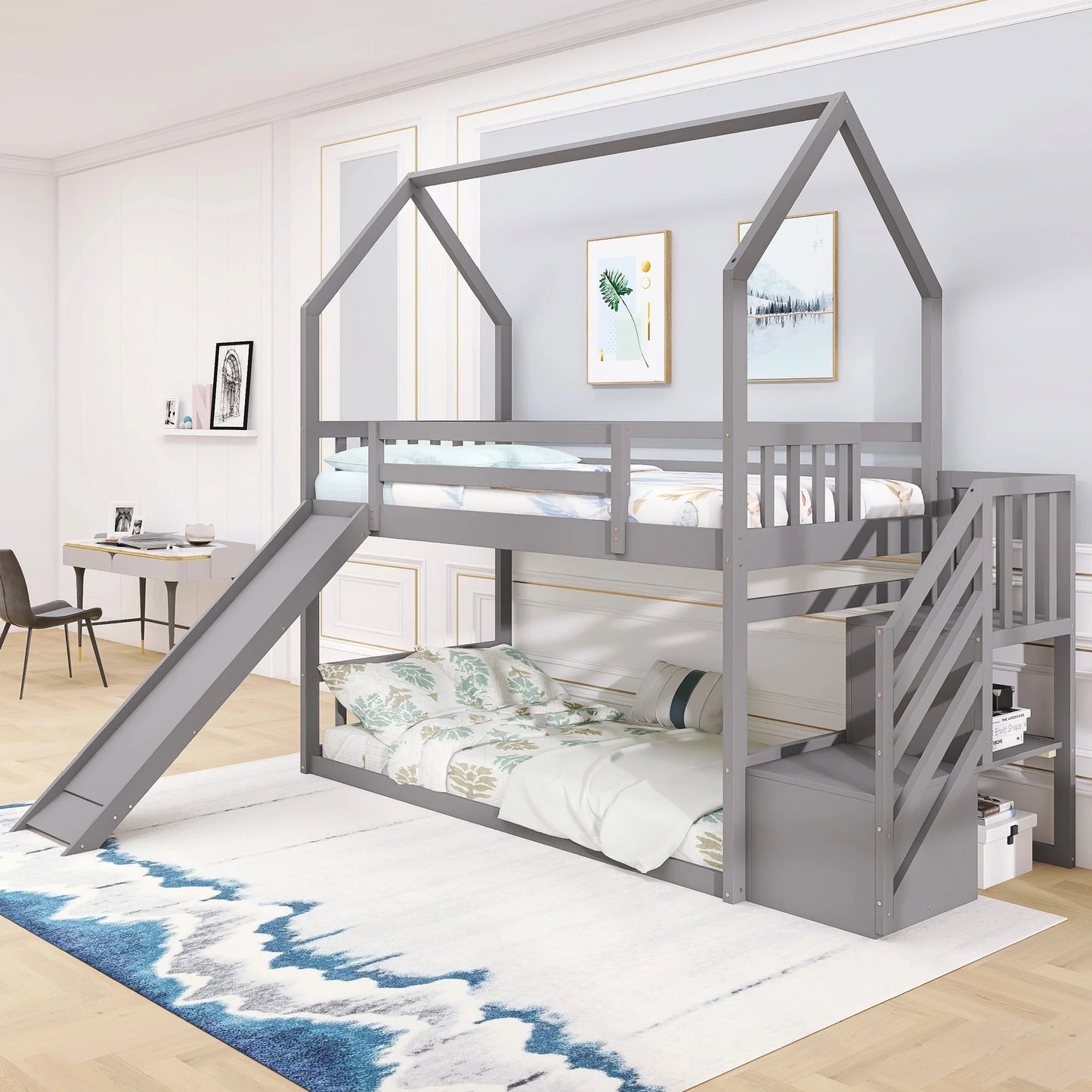 Twin House Bunk Bed with Staircase for Kids Teens Bedroom, Solid Wood Bunk Bed with Storage, Gray