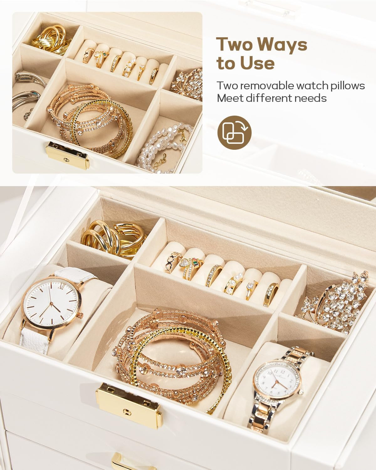 Synthetic Leather Huge Jewelry Box Mirrored Watch Organizer Necklace Ring Earring Storage Lockable Gift Case (White + Gold)