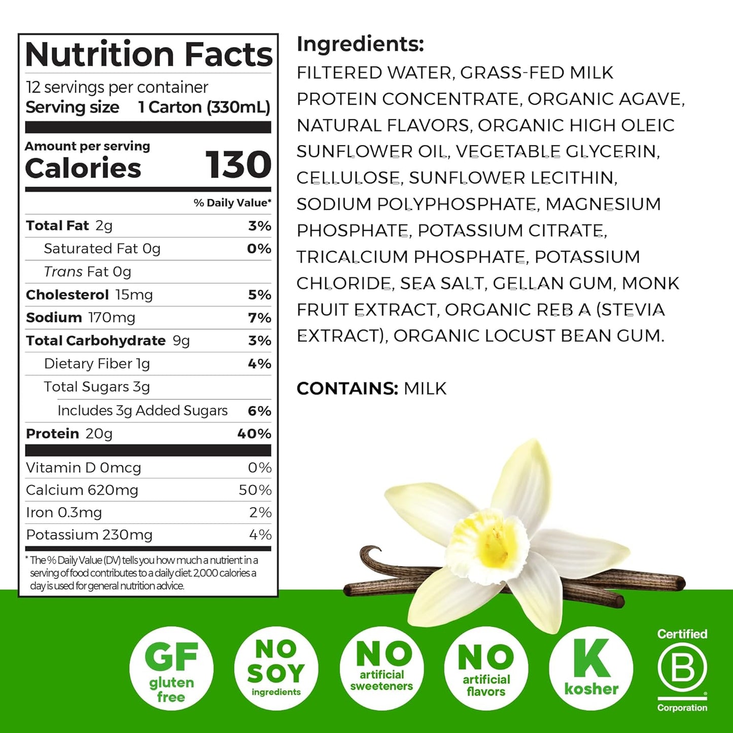 Orgain Clean Protein Shake, Grass Fed Dairy, Vanilla Bean - 20G Whey High Protein, Kosher, Ready to Drink, Low Net Carbs, Gluten Free, No Soy Ingredients, 11 Fl Oz (Pack of 12)