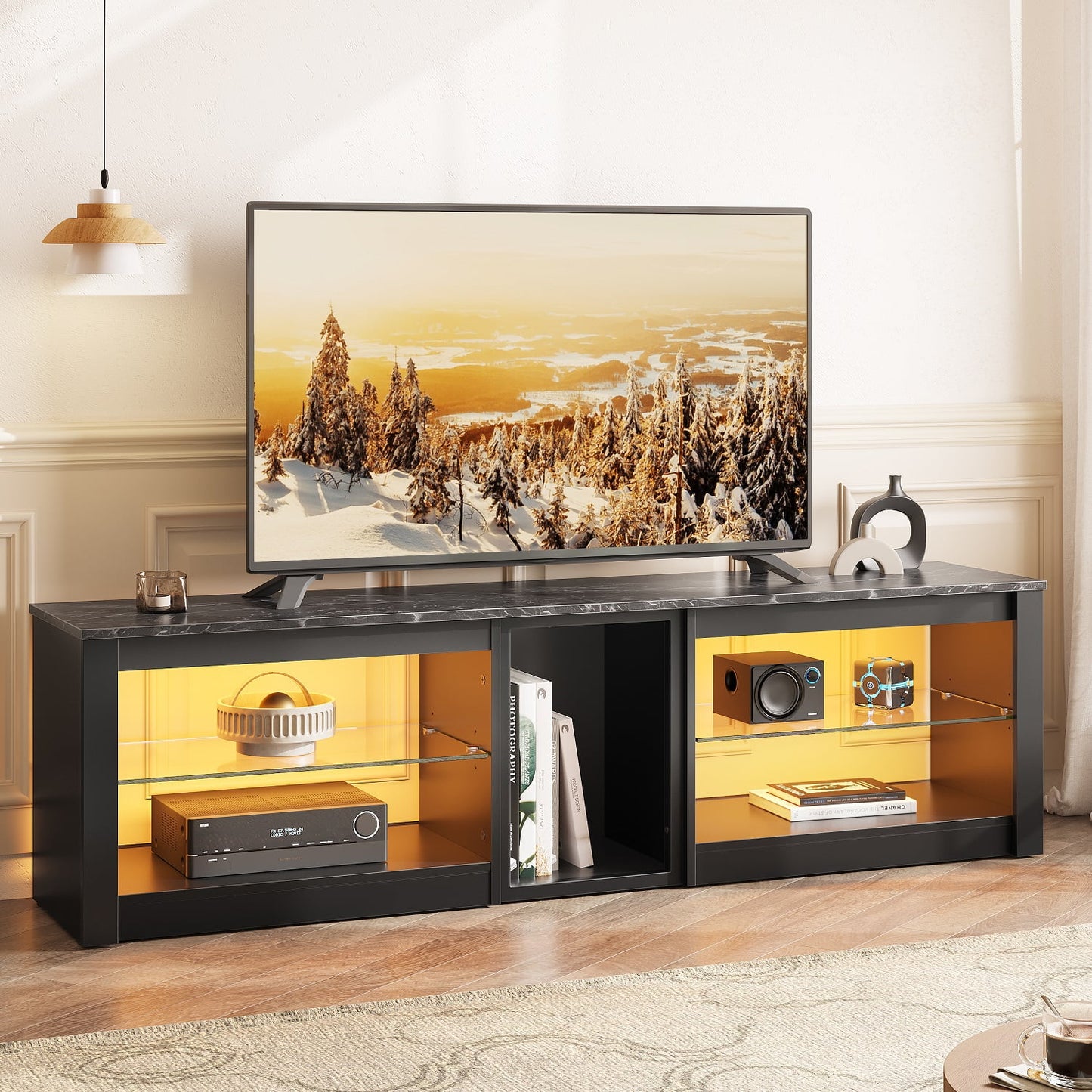 TV Stand for Tvs up to 70" with LED Light, Entertainment Center for PS5 with Shelves, Black Marble