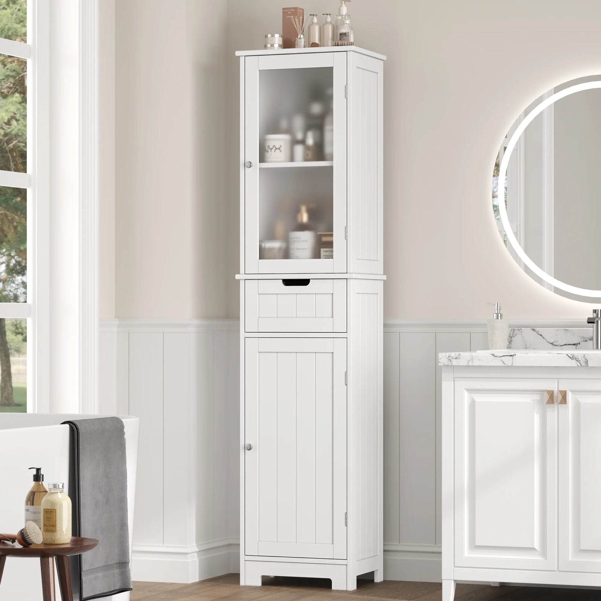 Bathroom Storage Tower, Narrow Linen Cabinet with Door and Drawers, Tall Bathroom Storage Cabinet for Small Spaces, White