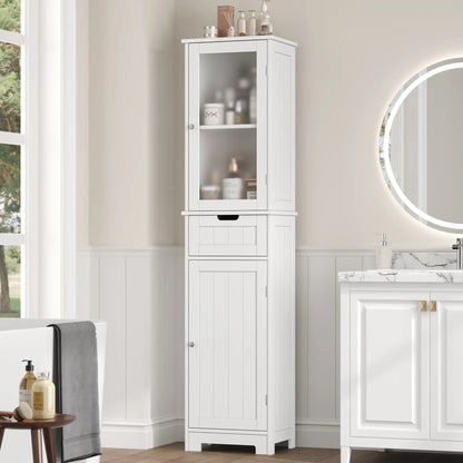 Bathroom Storage Tower, Narrow Linen Cabinet with Door and Drawers, Tall Bathroom Storage Cabinet for Small Spaces, White
