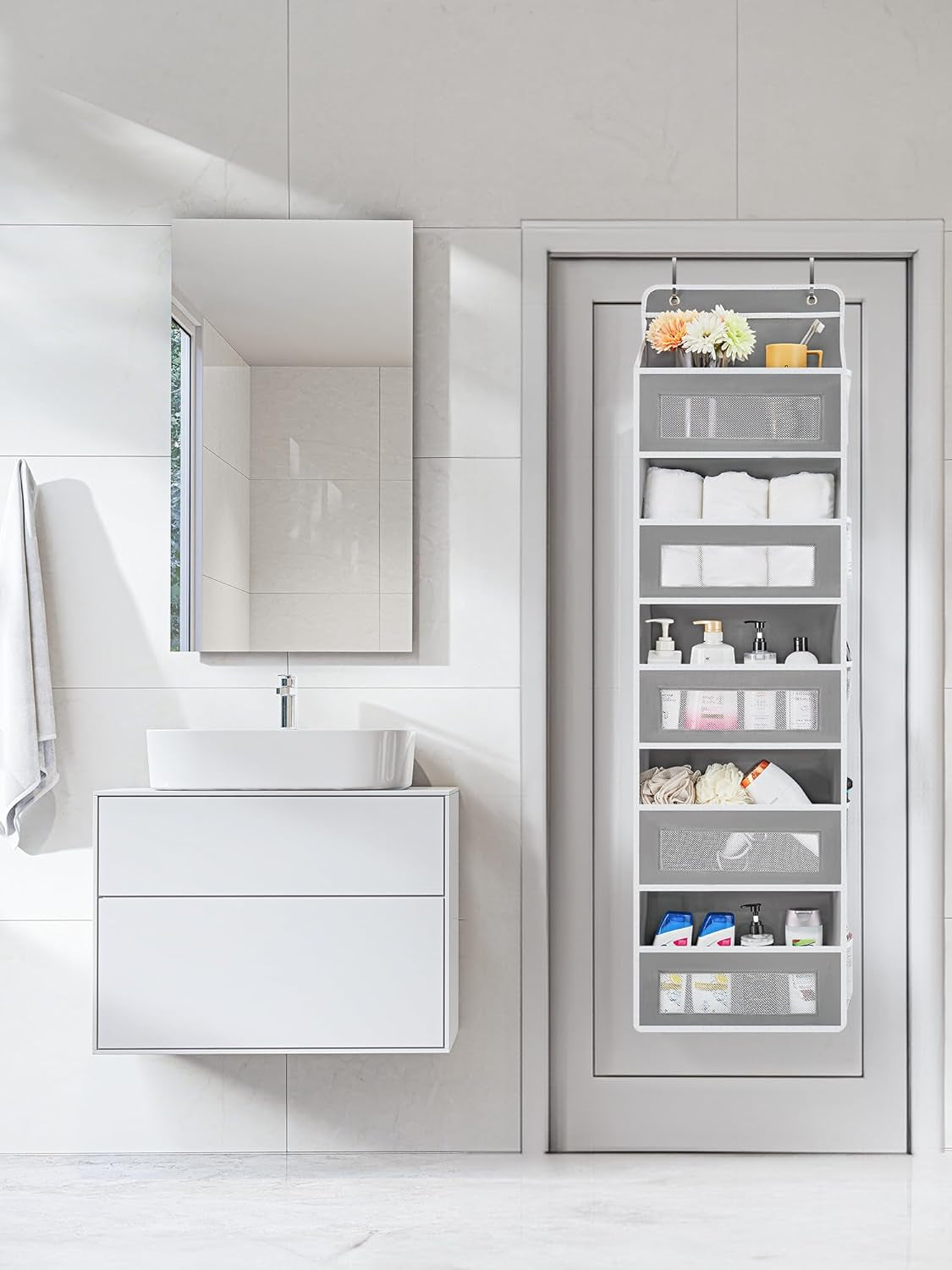 over the Door Organizer Storage, 5 Shelf Hanging Door Organizer with 5 Large Capacity Pockets, anti Tilt 44 Lb Load behind Door Storage for Bedroom, Bathroom, Pantry, Nursery, (Grey)