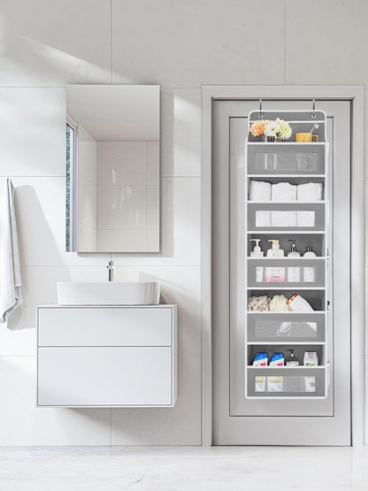 over the Door Organizer Storage, 5 Shelf Hanging Door Organizer with 5 Large Capacity Pockets, anti Tilt 44 Lb Load behind Door Storage for Bedroom, Bathroom, Pantry, Nursery, (Grey)