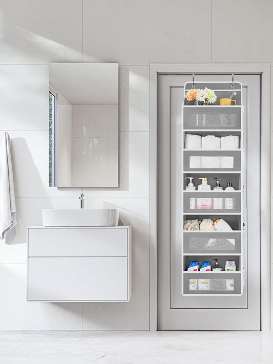 over the Door Organizer Storage, 5 Shelf Hanging Door Organizer with 5 Large Capacity Pockets, anti Tilt 44 Lb Load behind Door Storage for Bedroom, Bathroom, Pantry, Nursery, (Grey)