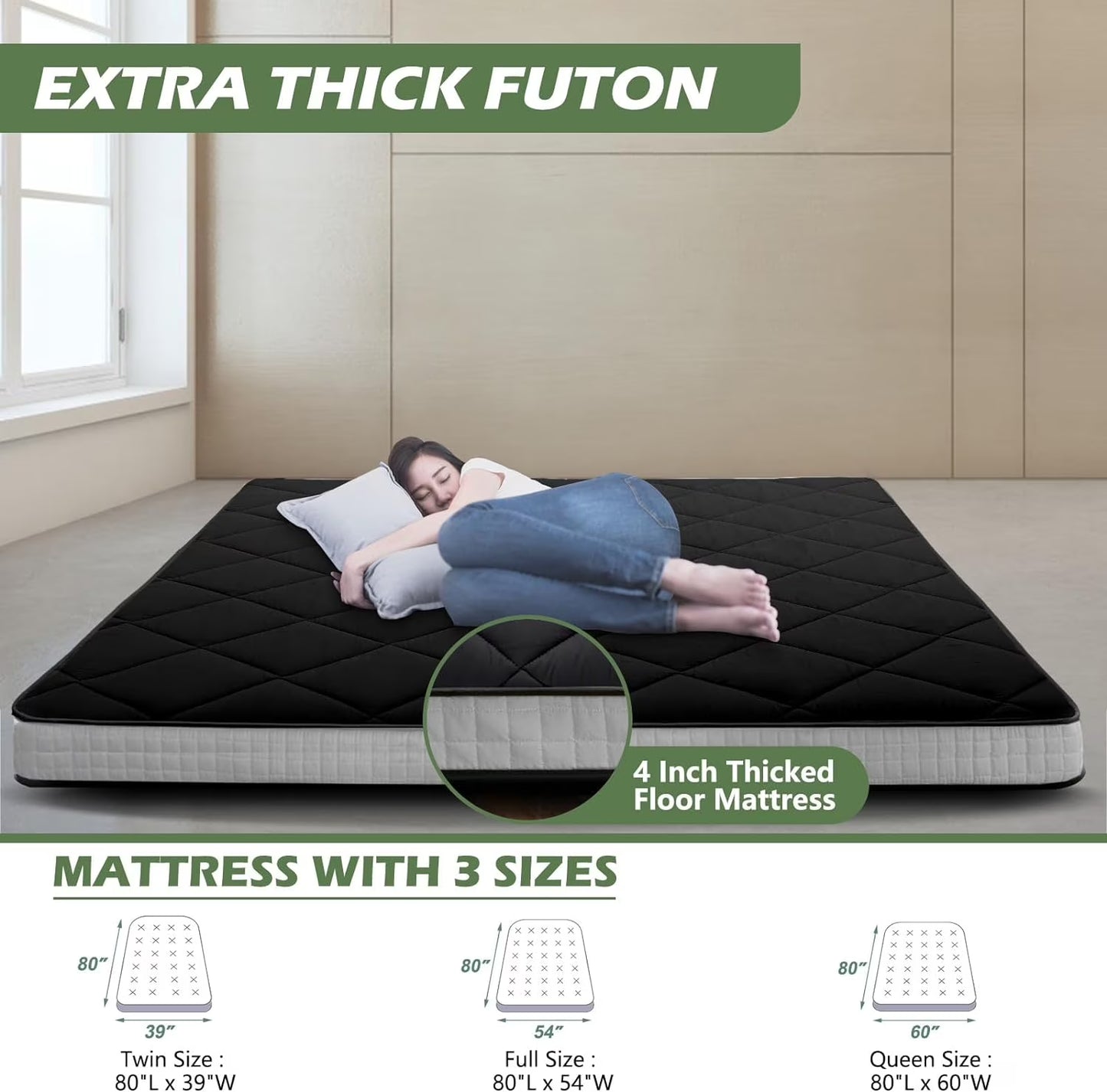 Futon Mattress Queen Size 4" Thick Japanese Floor Mattress Folding Guest Mattress Protable Roll up Mattress Soft Memory Foam Tatami Mat Sleeping Pad for Bedroom Camping Tent
