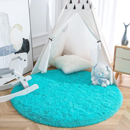 Fluffy round Rug Nursery Rug, Turquoise Blue Circle Rug Kids Rug, 4 X 4 Feet