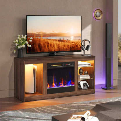 Modern Electric Fireplace TV Stand for Tvs up to 55", with LED and Glass Shelves, Walnut