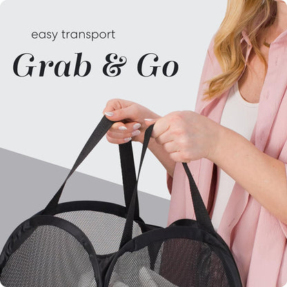 Collapsible Mesh Pop up Hamper with Wide Opening and Side Pocket - Breathable, Sturdy, Foldable, and Space-Saving Design for Clothes and Storage (Black)