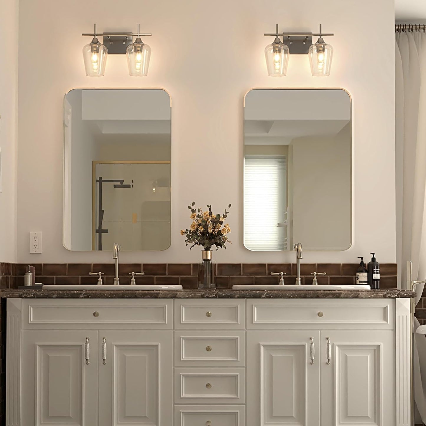 Bathroom Vanity Light, 2 Light Bathroom Light Fixture over Mirror, Bathroom Wall Lamp with Clear Glass, Modern Brushed Nickel Vanity Lighting Fixtures for Bathroom, Bedroom, Hallway
