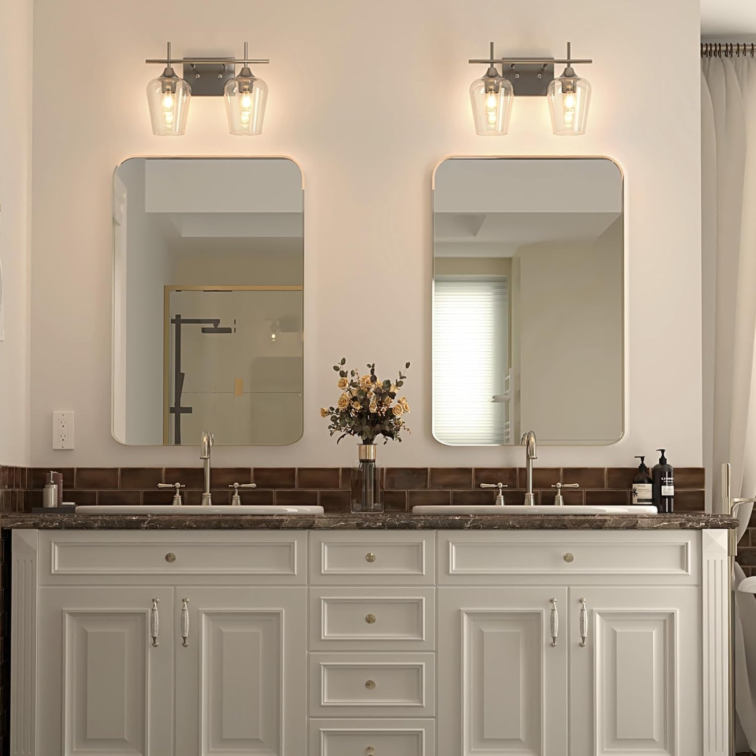 Bathroom Vanity Light, 2 Light Bathroom Light Fixture over Mirror, Bathroom Wall Lamp with Clear Glass, Modern Brushed Nickel Vanity Lighting Fixtures for Bathroom, Bedroom, Hallway