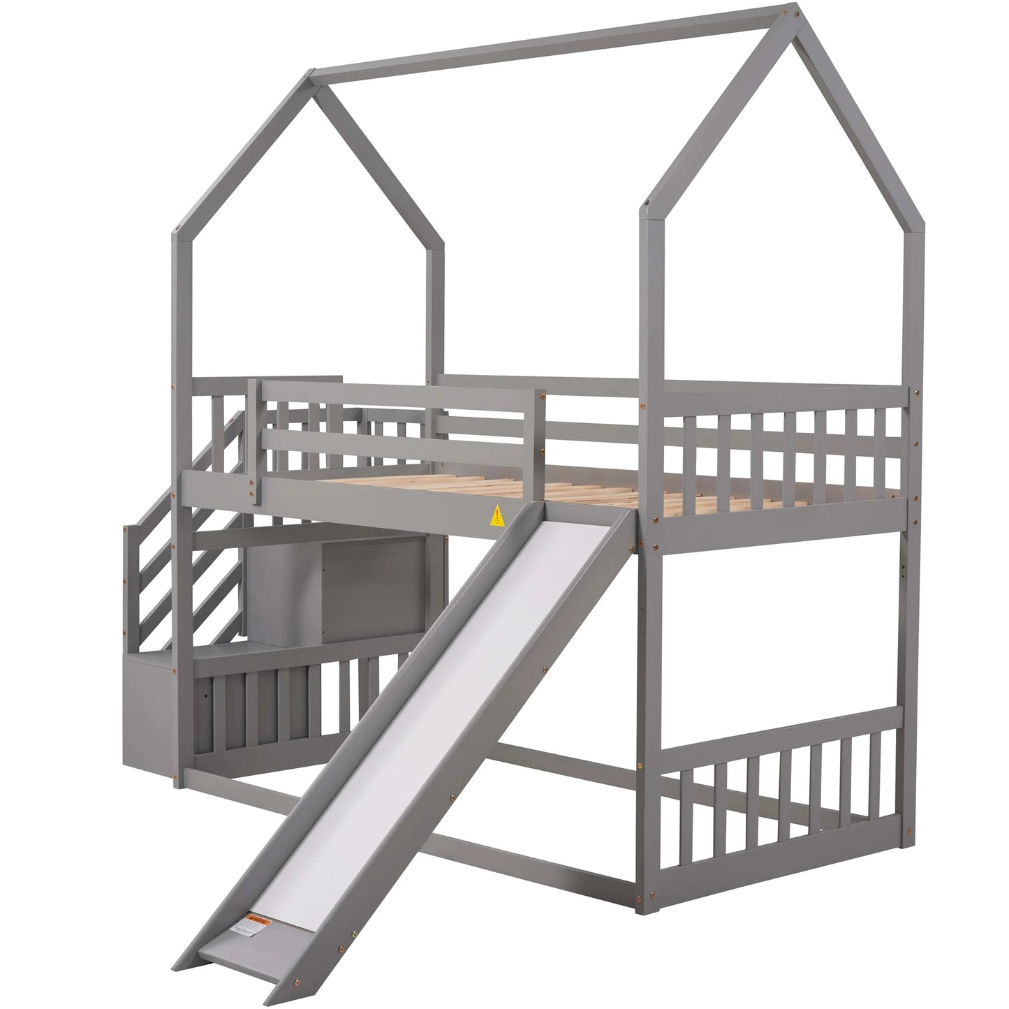 Twin House Bunk Bed with Staircase for Kids Teens Bedroom, Solid Wood Bunk Bed with Storage, Gray