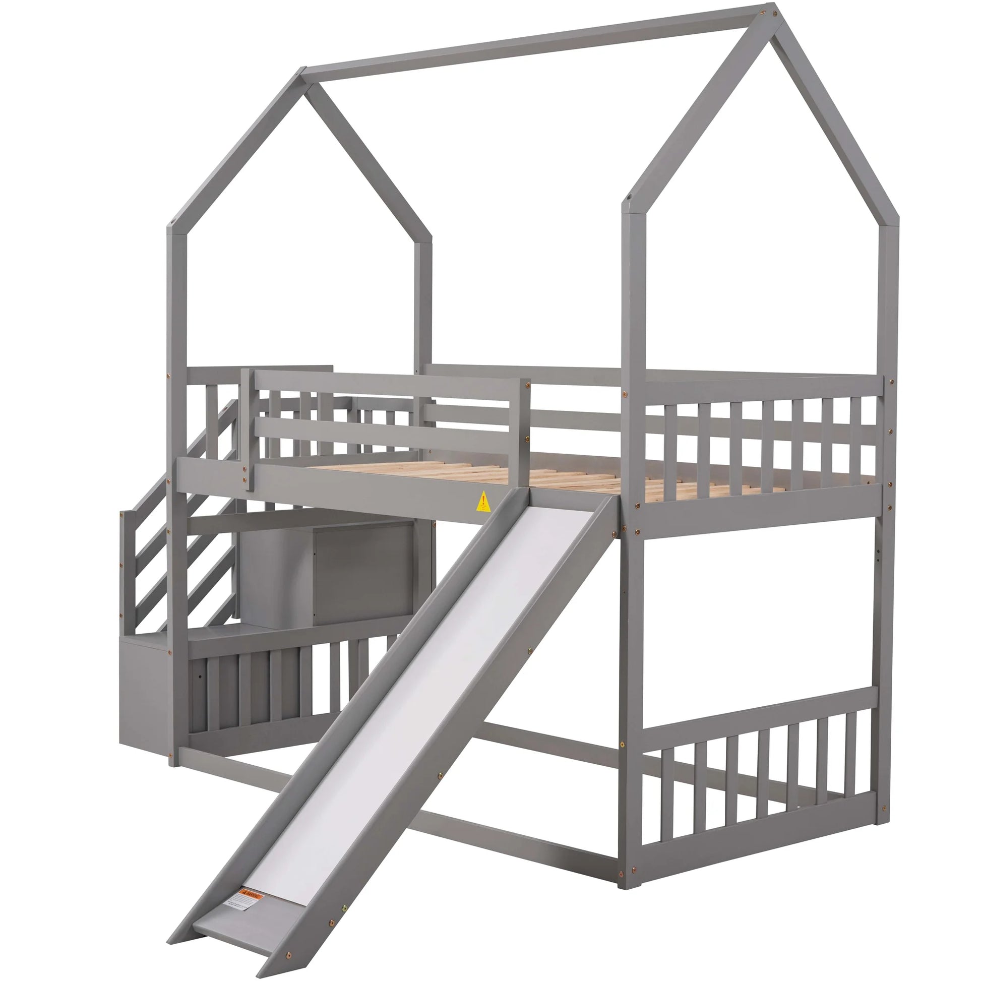 Twin House Bunk Bed with Staircase for Kids Teens Bedroom, Solid Wood Bunk Bed with Storage, Gray
