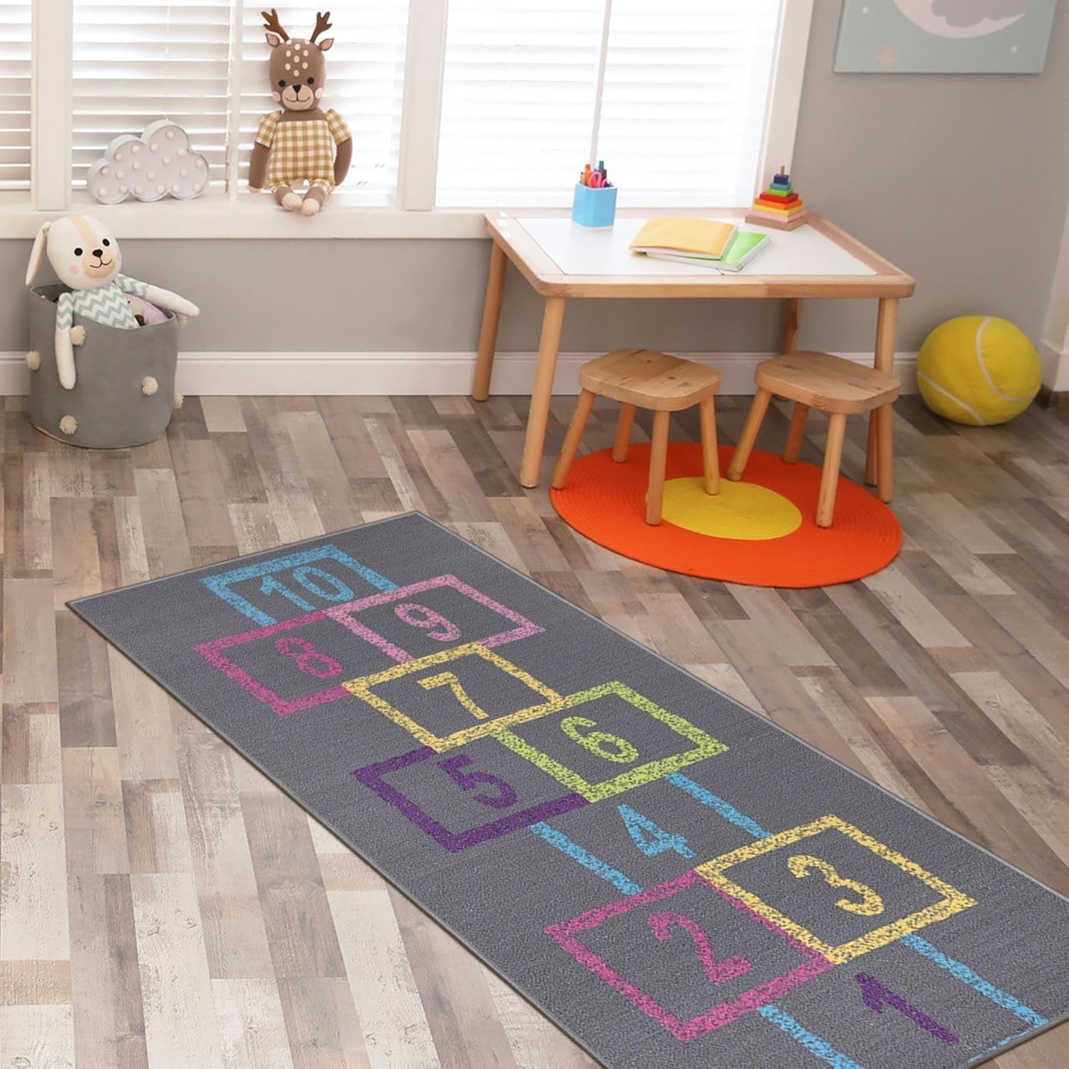 2'2" X 6' Hopscotch Kids Rug - Play Mat for Playroom, Bedroom, Daycare & Classroom - Fun & Interactive Game Carpet - Durable and Non-Slip - Perfect for Learning & High-Traffic Areas, Pink
