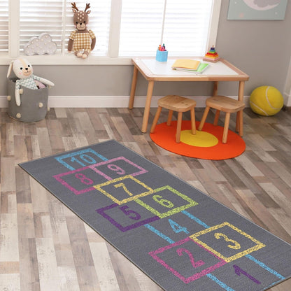 2'2" X 6' Hopscotch Kids Rug - Play Mat for Playroom, Bedroom, Daycare & Classroom - Fun & Interactive Game Carpet - Durable and Non-Slip - Perfect for Learning & High-Traffic Areas, Pink