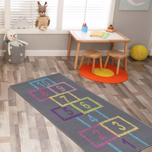2'2" X 6' Hopscotch Kids Rug - Play Mat for Playroom, Bedroom, Daycare & Classroom - Fun & Interactive Game Carpet - Durable and Non-Slip - Perfect for Learning & High-Traffic Areas, Pink