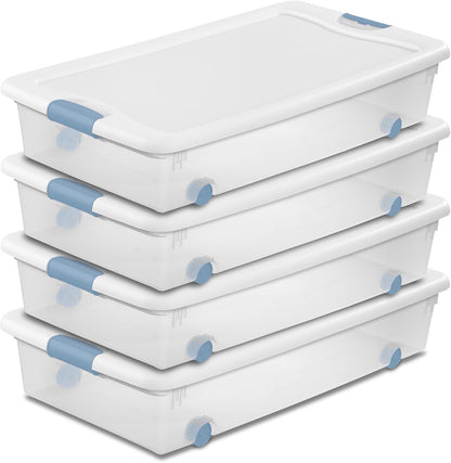 4-Pack 56 Quart Wheeled Latching Box, Underbed Clear Plastic Storage Organizer - under Bed Rolling Container Bin with Lid and Wheels for Home or Dorm Bedrooms and Closets