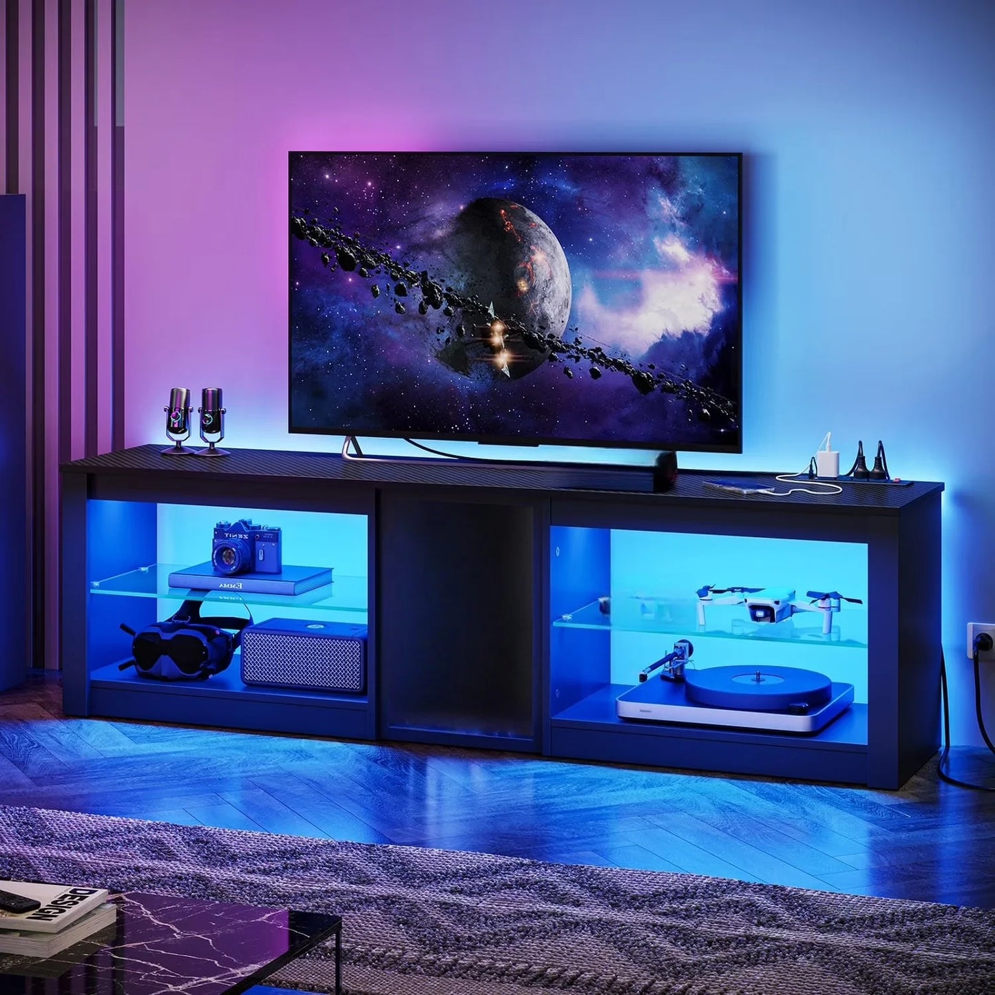 TV Stand for Tvs up to 70" with LED Light, Entertainment Center for PS5 with Shelves, Wash White