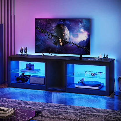 TV Stand for Tvs up to 70" with LED Light, Entertainment Center for PS5 with Shelves, Wash White