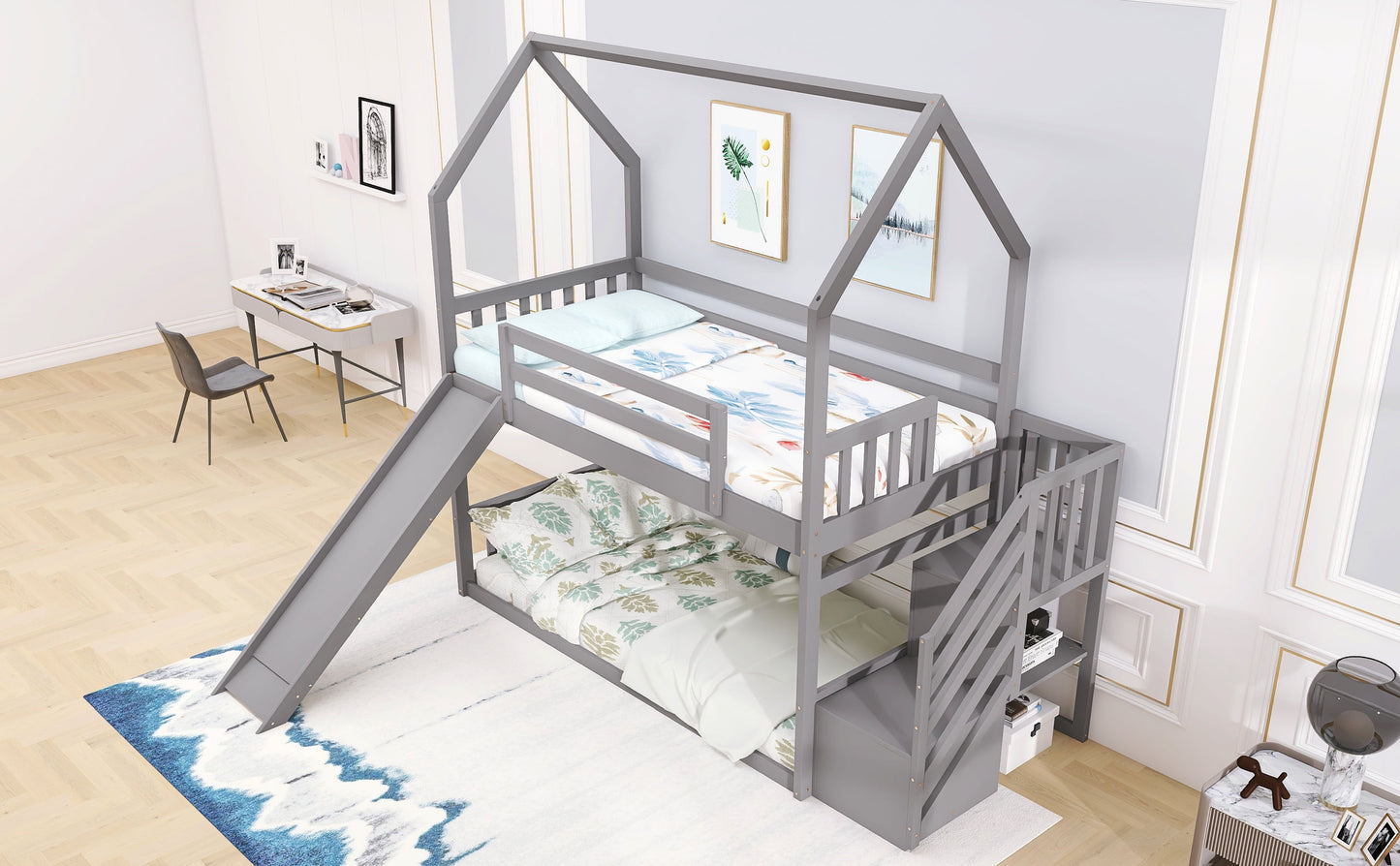 Twin House Bunk Bed with Staircase for Kids Teens Bedroom, Solid Wood Bunk Bed with Storage, Gray
