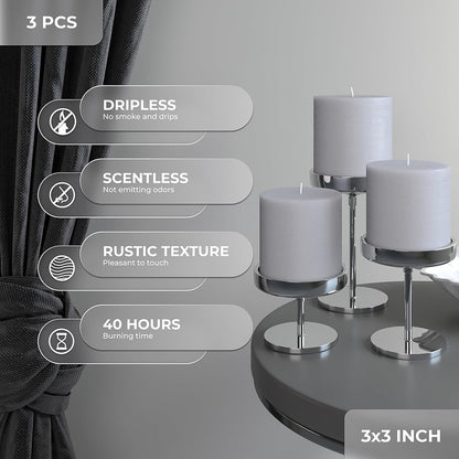 3X3 Pillar Candles Set of 3 - Rustic Unscented No Drip Light Gray Candles for Home Decor, Weddings, Centerpieces