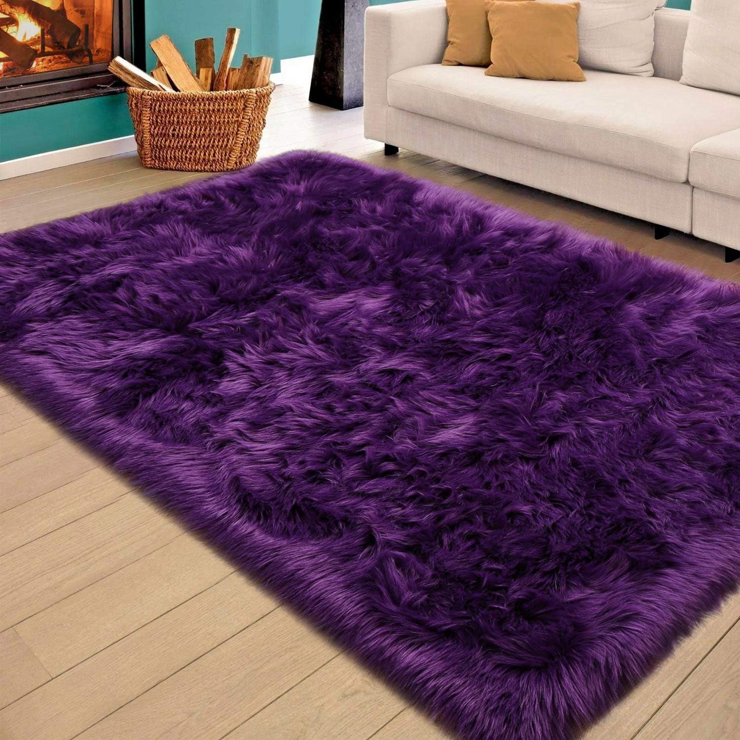 Soft Fluffy Faux Fur Area Rug for Bedroom Living Room, Extra Comfy and Fuzzy Rugs, Washable Plush Carpet for Bed Home Decor, 3X5 Feet Purple