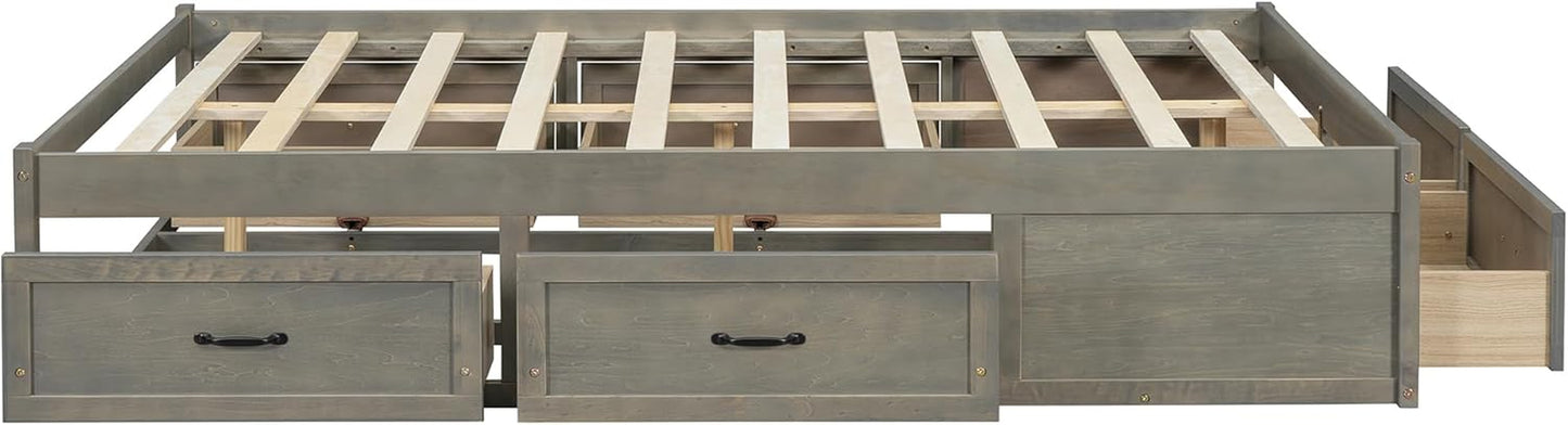 Full Size Platform Bed, Wooden Full Bed with 6 Storage Drawers, Antique Gray