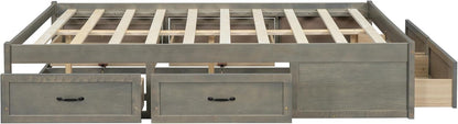 Full Size Platform Bed, Wooden Full Bed with 6 Storage Drawers, Antique Gray